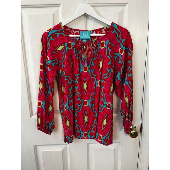 escapada Tops - Escapada Pink Turquoise Beaded Tassel Tie Resort Wear Cruise Blouse sz M NWOT